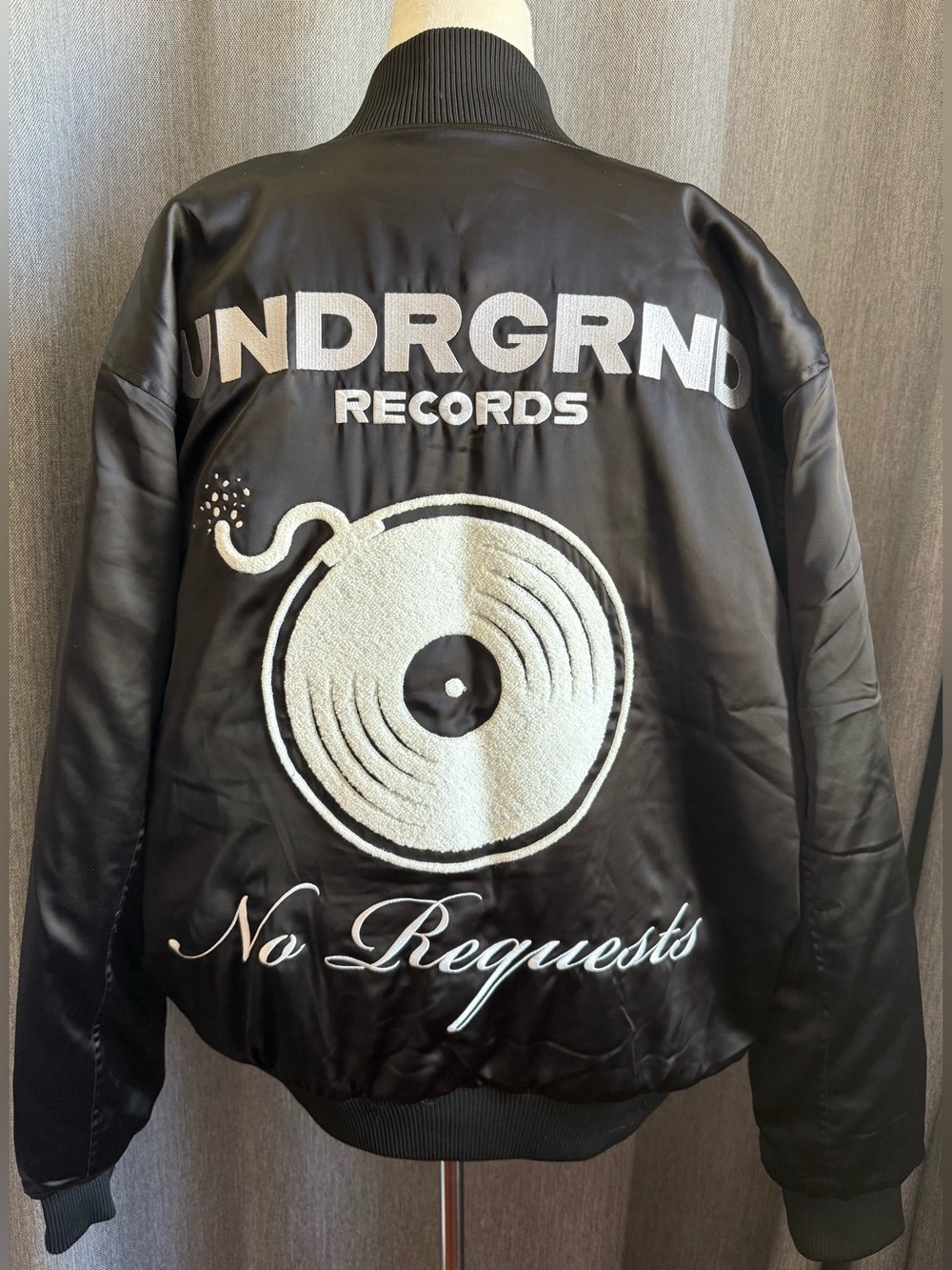 PacSun Black Satin 'UNDRGRND Records' Bomber Jacket with White Embroidery